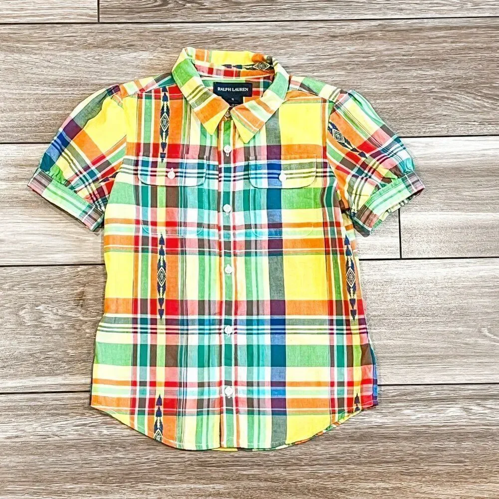 Ralph Lauren Girl's Plaid Embroidered Detail Puff Sleeve Button Down Size 5